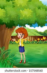 Illustration of a woman with a cellphone standing under the tree