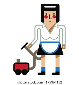 Illustration of a woman in chambermaid uniform and a vacuum-cleaner isolated on white background