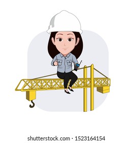 illustration of the woman character of a dressed project worker wearing a safety helmet sitting on a crane carrying a walkie talk. Vector cartoons that can be used to caricature templates or mascot.