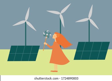 Illustration of woman character showing the power of wind with turbines and solar panels on the background