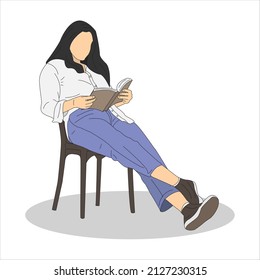 Illustration of a woman character sitting on a chair and reading a book. Flat cartoon style. Vector illustration