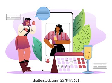 Illustration of a woman chatting with a friend on a smartphone screen, surrounded by leaves, a calendar, and a drink. Flat style on a white background. Communication concept. Vector illustration.