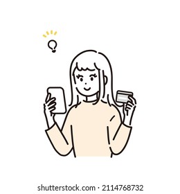 Illustration of woman checking card statement on smartphone. Vector.