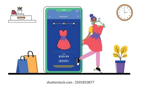 Illustration of a woman checking out a dress online through a mobile app, with a shopping cart and price displayed, representing e-commerce, digital retail, and online checkout.

