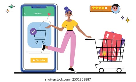 Illustration of a woman checking out online using a mobile app, with a shopping cart and credit cards, representing e-commerce, digital retail, and online checkout.

