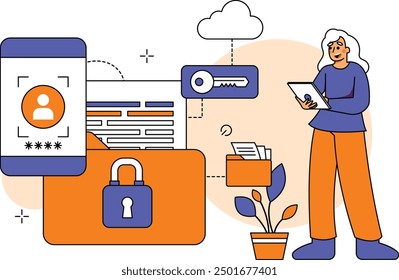 illustration of a woman checking the security of a SAAS-based application, vector illustration of technology concepts in business for work purposes. dynamic vector illustration