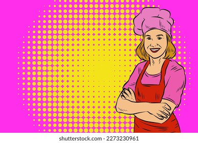 Illustration of a woman chef in pink outfit wearing toque hat and apron. Illustration of a female bakery or kitchen person in retro comic pop art style vector.