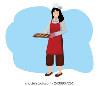 illustration woman chef showcase pastry product