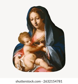 Illustration of a woman with a child, both with light skin tones. The woman wears a blue cloak, holding the child. Mother and child, serene and gentle scene. Vintage character art illustration vector.