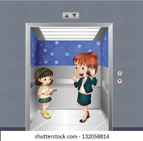 Illustration of a woman and a child at the elevator