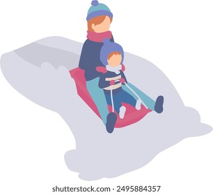 Illustration of woman and child playing on a sled