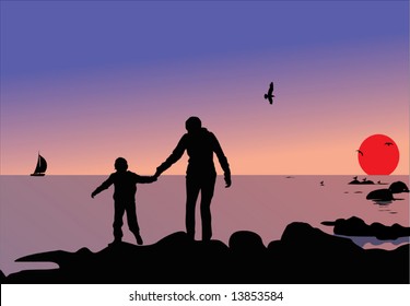 illustration with woman and child silhouettes on sunset background