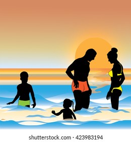 illustration with woman and child silhouettes on sunset background, View of happy young family having fun on the beach
