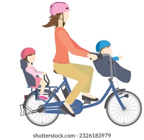 Illustration of a woman and a child wearing a helmet riding an electric assist bicycle
