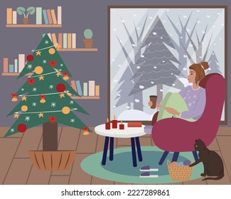 Ilustración con una mujer en el árbol de Navidad. La niña bebe café en el fondo de una ventana con un bosque de invierno. Un gato se sienta cerca y juega con bolas de hilo. Parqué interior