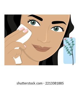Illustration of a woman cleaning her face with a cloth moistened with rosemary water