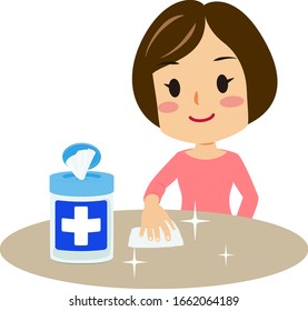 Illustration Of A Woman Cleaning A Table With Disinfecting Wipes