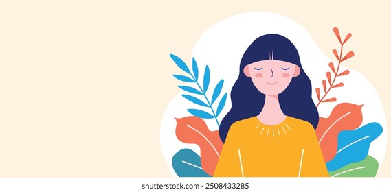 illustration of a woman with closed eyes and colorful leaves in the background