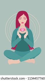 Illustration of a woman with closed eyes meditating in yoga lotus pose with a flower on colored background