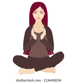 Illustration of a woman with closed eyes meditating in yoga lotus pose on white background