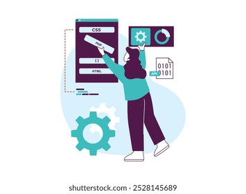 Ilustración de una mujer codificando, rodeada de lenguajes de programación y Elementos.