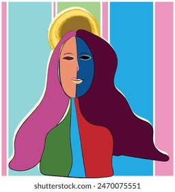 illustration of a woman, Colorful background, cubism art style, abstracts face. hands drawn illustration