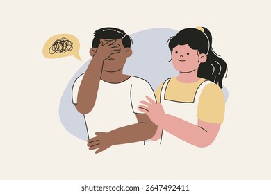 Ilustração de mulher que conforta o homem com problemas de saúde mental