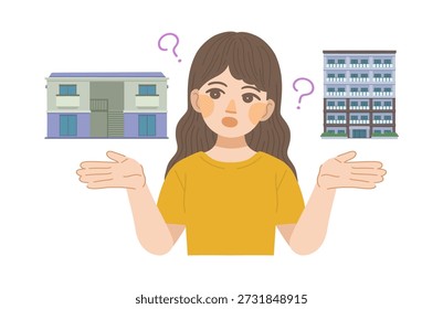 Eine Abbildung einer Frau, die die Unterschiede zwischen einer Wohnung und einer Eigentumswohnung vergleicht.