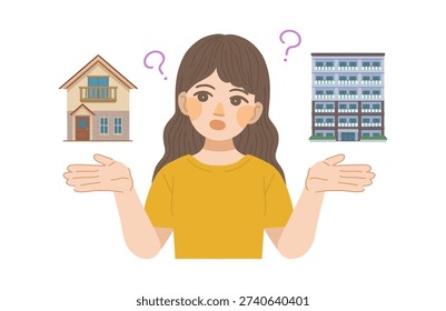 An illustration of a woman comparing the differences between a single-family house and an apartment building