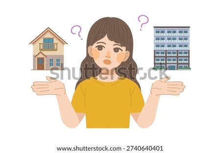 An illustration of a woman comparing the differences between a single-family house and an apartment building