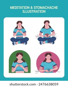 An illustration of a woman complaining of meditation and abdominal pain
