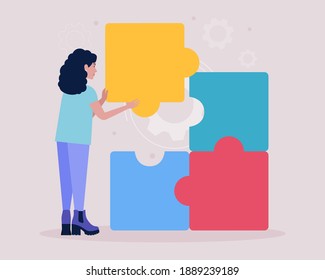 Ilustración de la mujer conectando el elemento faltante del rompecabezas. Concepto de resolución de problemas. Solución de rompecabezas. La elección correcta. Ilustración vectorial en un estilo plano