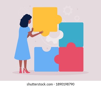 Illustration of woman connecting missing element of puzzle. Problem solving concept. Puzzle solution. Right choice. Vector illustration in a flat style