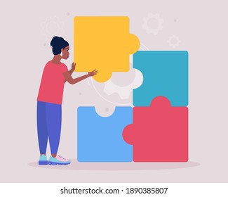 Ilustración de la mujer conectando el elemento faltante del rompecabezas. Concepto de resolución de problemas. Solución de rompecabezas. La elección correcta. Ilustración vectorial en un estilo plano