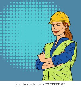 Illustration of a woman in construction worker costume posing. Illustration of a female engineer pose in retro comic pop art style.