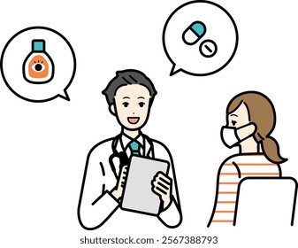 Illustration of a woman consulting a doctor for hay fever.