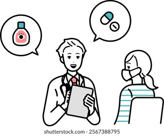 Illustration of a woman consulting a doctor for hay fever.