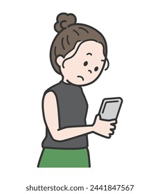 
Ilustración de una mujer contemplando mientras mira su smartphone