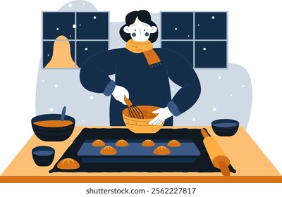 Illustration of woman cooking cookies in winter. Vector flat illustration design with winter theme