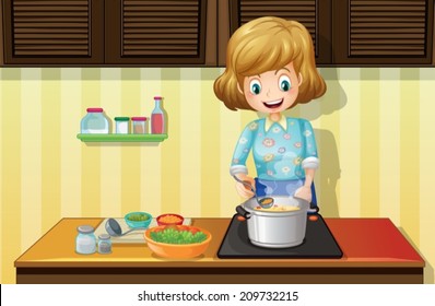 Illustration of a woman cooking in a kitchen