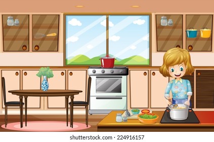 Illustration of a woman cooking in the kitchen