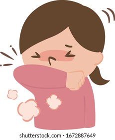 Illustration of a woman coughing with her arms to prevent splashing.