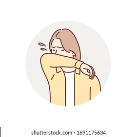 Illustration of a woman coughing with her arms to prevent splashing. Hand drawn style vector design illustrations.