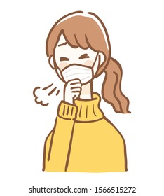 Illustration of a woman coughing with a mask