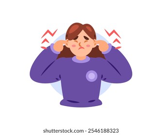 Ilustración de una mujer tapándose los oídos porque le molesta un sonido. Sonido fuerte e inquietante. Afectada por la contaminación acústica. Misofonía. expresión facial. diseño de personajes de estilo plano