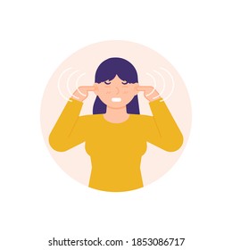 illustration of a woman covering his ears with his hands due to a loud and disturbing sound. ringing in the ears. distraction or problem. flat style. element design