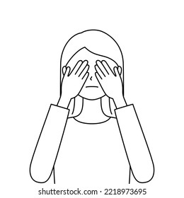 Illustration of a woman covering his eyes with both hands, See no evil (white background, vector, clipping)