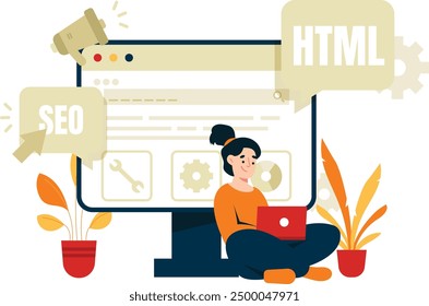 Illustration einer Frau, die eine Website mit HTML und SEO-Optimierung erstellt, Vektorgrafik der Unternehmenstechnologie und Illustration einer Person voller visueller Elemente. Flache Entwurfsgrafik