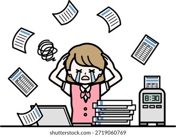 Ilustración de una mujer llorando debido a la dificultad y la actividad del trabajo de gestión de asistencia