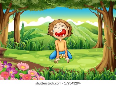 Illustration of a woman crying at the forest